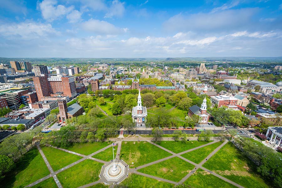 Hamden, CT Insurance - Aerial View of Hamden, Connecticut With College Buildings and Green Spaces